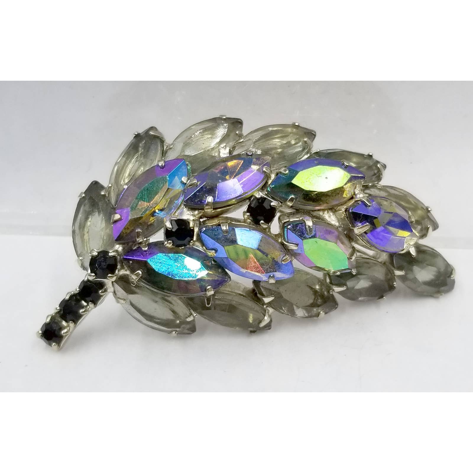 Vtg Juliana D & E Blue Ab & Smoke Rhinestones Silvertone Leaf Brooch
